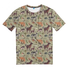 Мужская футболка 3D с принтом Wild animals в Санкт-Петербурге, 100% полиэфир | прямой крой, круглый вырез горловины, длина до линии бедер | animals | deer | forest | fox | nature | wild nature | дикие животные | ёжик | лес | лиса | олень | природа | рыба