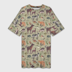 Платье-футболка 3D с принтом Wild animals в Санкт-Петербурге,  |  | animals | deer | forest | fox | nature | wild nature | дикие животные | ёжик | лес | лиса | олень | природа | рыба