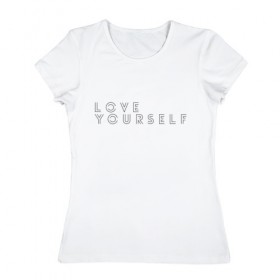 Женская футболка хлопок с принтом LOVE YOURSELF_2 в Санкт-Петербурге, 100% хлопок | прямой крой, круглый вырез горловины, длина до линии бедер, слегка спущенное плечо | bangtan boys | bts | бантаны | бтс