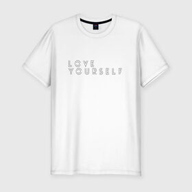 Мужская футболка премиум с принтом LOVE YOURSELF_2 в Санкт-Петербурге, 92% хлопок, 8% лайкра | приталенный силуэт, круглый вырез ворота, длина до линии бедра, короткий рукав | bangtan boys | bts | бантаны | бтс