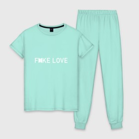 Женская пижама хлопок с принтом FAKE LOVE_ в Санкт-Петербурге, 100% хлопок | брюки и футболка прямого кроя, без карманов, на брюках мягкая резинка на поясе и по низу штанин | Тематика изображения на принте: bangtan boys | bts | бантаны | бтс