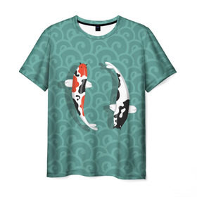 Мужская футболка 3D с принтом Японские рыбки в Санкт-Петербурге, 100% полиэфир | прямой крой, круглый вырез горловины, длина до линии бедер | карпы | кои | рыбы | япония