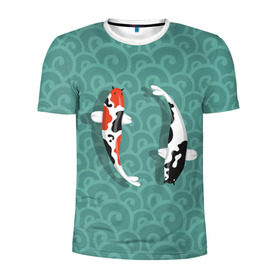 Мужская футболка 3D спортивная с принтом Японские рыбки в Санкт-Петербурге, 100% полиэстер с улучшенными характеристиками | приталенный силуэт, круглая горловина, широкие плечи, сужается к линии бедра | Тематика изображения на принте: карпы | кои | рыбы | япония