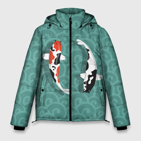Мужская зимняя куртка 3D с принтом Японские рыбки в Санкт-Петербурге, верх — 100% полиэстер; подкладка — 100% полиэстер; утеплитель — 100% полиэстер | длина ниже бедра, свободный силуэт Оверсайз. Есть воротник-стойка, отстегивающийся капюшон и ветрозащитная планка. 

Боковые карманы с листочкой на кнопках и внутренний карман на молнии. | Тематика изображения на принте: карпы | кои | рыбы | япония