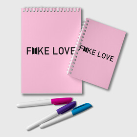 Блокнот с принтом FAKE LOVE_pink в Санкт-Петербурге, 100% бумага | 48 листов, плотность листов — 60 г/м2, плотность картонной обложки — 250 г/м2. Листы скреплены удобной пружинной спиралью. Цвет линий — светло-серый
 | bangtan boys | bts | бантаны | бтс