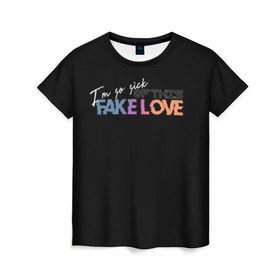 Женская футболка 3D с принтом FAKE LOVE в Санкт-Петербурге, 100% полиэфир ( синтетическое хлопкоподобное полотно) | прямой крой, круглый вырез горловины, длина до линии бедер | bangtan boys | bts | бантаны | бтс