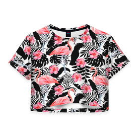 Женская футболка 3D укороченная с принтом Pattern Flamingo в Санкт-Петербурге, 100% полиэстер | круглая горловина, длина футболки до линии талии, рукава с отворотами | 