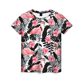 Женская футболка 3D с принтом Pattern Flamingo в Санкт-Петербурге, 100% полиэфир ( синтетическое хлопкоподобное полотно) | прямой крой, круглый вырез горловины, длина до линии бедер | 