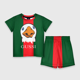 Детский костюм с шортами 3D с принтом GUSSI в Санкт-Петербурге,  |  | Тематика изображения на принте: gucci | gussi ga ga ga | gussi gang | бренд | гусь | птица