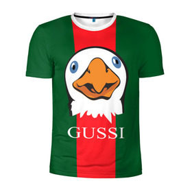 Мужская футболка 3D спортивная с принтом GUSSI в Санкт-Петербурге, 100% полиэстер с улучшенными характеристиками | приталенный силуэт, круглая горловина, широкие плечи, сужается к линии бедра | Тематика изображения на принте: gucci | gussi ga ga ga | gussi gang | бренд | гусь | птица