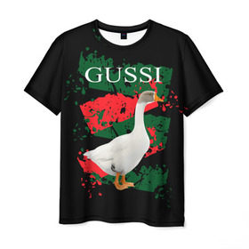 Мужская футболка 3D с принтом Gussi в Санкт-Петербурге, 100% полиэфир | прямой крой, круглый вырез горловины, длина до линии бедер | Тематика изображения на принте: gucci | gussi ga ga ga | gussi gang | бренд | гусь | птица