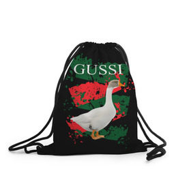 Рюкзак-мешок 3D с принтом Gussi в Санкт-Петербурге, 100% полиэстер | плотность ткани — 200 г/м2, размер — 35 х 45 см; лямки — толстые шнурки, застежка на шнуровке, без карманов и подкладки | gucci | gussi ga ga ga | gussi gang | бренд | гусь | птица