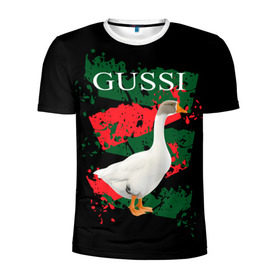 Мужская футболка 3D спортивная с принтом Gussi в Санкт-Петербурге, 100% полиэстер с улучшенными характеристиками | приталенный силуэт, круглая горловина, широкие плечи, сужается к линии бедра | Тематика изображения на принте: gucci | gussi ga ga ga | gussi gang | бренд | гусь | птица