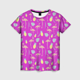 Женская футболка 3D с принтом Тропическое наслаждения в Санкт-Петербурге, 100% полиэфир ( синтетическое хлопкоподобное полотно) | прямой крой, круглый вырез горловины, длина до линии бедер | африка | крылья | мода | прикольные | природа | птица | розовый | фламинго | цвет | яркие