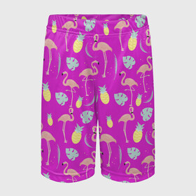 Детские спортивные шорты 3D с принтом Тропическое наслаждения в Санкт-Петербурге,  100% полиэстер
 | пояс оформлен широкой мягкой резинкой, ткань тянется
 | африка | крылья | мода | прикольные | природа | птица | розовый | фламинго | цвет | яркие