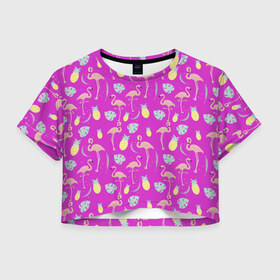 Женская футболка Cropp-top с принтом Тропическое наслаждения в Санкт-Петербурге, 100% полиэстер | круглая горловина, длина футболки до линии талии, рукава с отворотами | африка | крылья | мода | прикольные | природа | птица | розовый | фламинго | цвет | яркие