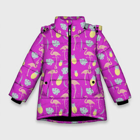 Зимняя куртка для девочек 3D с принтом Тропическое наслаждения в Санкт-Петербурге, ткань верха — 100% полиэстер; подклад — 100% полиэстер, утеплитель — 100% полиэстер. | длина ниже бедра, удлиненная спинка, воротник стойка и отстегивающийся капюшон. Есть боковые карманы с листочкой на кнопках, утяжки по низу изделия и внутренний карман на молнии. 

Предусмотрены светоотражающий принт на спинке, радужный светоотражающий элемент на пуллере молнии и на резинке для утяжки. | африка | крылья | мода | прикольные | природа | птица | розовый | фламинго | цвет | яркие