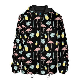 Мужская куртка 3D с принтом Розовый фламинго в Санкт-Петербурге, ткань верха — 100% полиэстер, подклад — флис | прямой крой, подол и капюшон оформлены резинкой с фиксаторами, два кармана без застежек по бокам, один большой потайной карман на груди. Карман на груди застегивается на липучку | Тематика изображения на принте: африка | крылья | мода | прикольные | природа | птица | розовый | фламинго | цвет | яркие