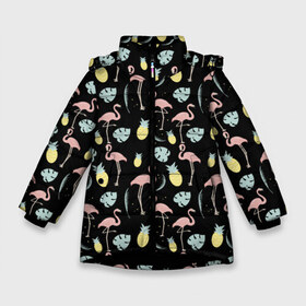 Зимняя куртка для девочек 3D с принтом Розовый фламинго в Санкт-Петербурге, ткань верха — 100% полиэстер; подклад — 100% полиэстер, утеплитель — 100% полиэстер. | длина ниже бедра, удлиненная спинка, воротник стойка и отстегивающийся капюшон. Есть боковые карманы с листочкой на кнопках, утяжки по низу изделия и внутренний карман на молнии. 

Предусмотрены светоотражающий принт на спинке, радужный светоотражающий элемент на пуллере молнии и на резинке для утяжки. | африка | крылья | мода | прикольные | природа | птица | розовый | фламинго | цвет | яркие