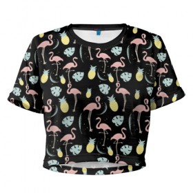 Женская футболка 3D укороченная с принтом Розовый фламинго в Санкт-Петербурге, 100% полиэстер | круглая горловина, длина футболки до линии талии, рукава с отворотами | африка | крылья | мода | прикольные | природа | птица | розовый | фламинго | цвет | яркие