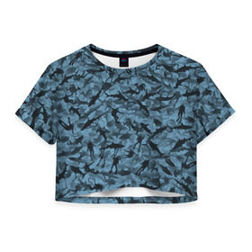 Женская футболка 3D укороченная с принтом Акулы и дайверы в Санкт-Петербурге, 100% полиэстер | круглая горловина, длина футболки до линии талии, рукава с отворотами | аквалангист | камуфляж | милитари | молот | море | рыба