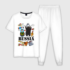 Мужская пижама хлопок с принтом Россия в Санкт-Петербурге, 100% хлопок | брюки и футболка прямого кроя, без карманов, на брюках мягкая резинка на поясе и по низу штанин
 | балалайка | матрёшка | медведь | россия | стереотипы