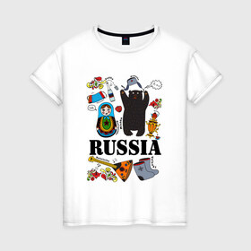 Женская футболка хлопок с принтом Россия в Санкт-Петербурге, 100% хлопок | прямой крой, круглый вырез горловины, длина до линии бедер, слегка спущенное плечо | балалайка | матрёшка | медведь | россия | стереотипы