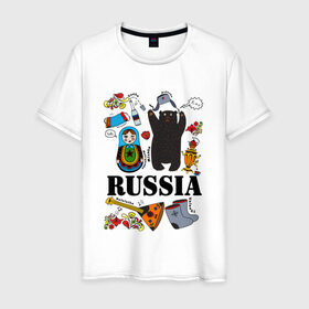 Мужская футболка хлопок с принтом Россия в Санкт-Петербурге, 100% хлопок | прямой крой, круглый вырез горловины, длина до линии бедер, слегка спущенное плечо. | Тематика изображения на принте: балалайка | матрёшка | медведь | россия | стереотипы