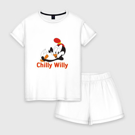 Женская пижама с шортиками хлопок с принтом Chilly Willy в Санкт-Петербурге, 100% хлопок | футболка прямого кроя, шорты свободные с широкой мягкой резинкой | chilly | chilly willy | арт | животные | милые | мультфильмы | пингвины | чилли вилли