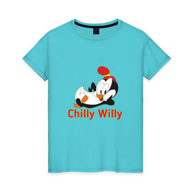 Женская футболка хлопок с принтом Chilly Willy в Санкт-Петербурге, 100% хлопок | прямой крой, круглый вырез горловины, длина до линии бедер, слегка спущенное плечо | Тематика изображения на принте: chilly | chilly willy | арт | животные | милые | мультфильмы | пингвины | чилли вилли