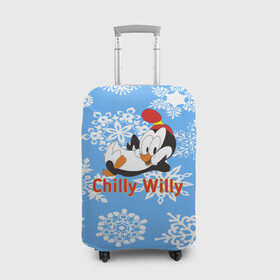 Чехол для чемодана 3D с принтом Chilly Willy в Санкт-Петербурге, 86% полиэфир, 14% спандекс | двустороннее нанесение принта, прорези для ручек и колес | Тематика изображения на принте: chilly | chilly willy | арт | животные | милые | мультфильмы | пингвины | снежинки | текстура | чилли вилли