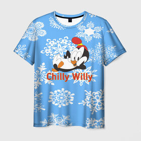 Мужская футболка 3D с принтом Chilly Willy в Санкт-Петербурге, 100% полиэфир | прямой крой, круглый вырез горловины, длина до линии бедер | chilly | chilly willy | арт | животные | милые | мультфильмы | пингвины | снежинки | текстура | чилли вилли