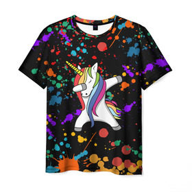 Мужская футболка 3D с принтом ЕДИНОРОГ РАДУГА (ЧЕРНЫЙ) в Санкт-Петербурге, 100% полиэфир | прямой крой, круглый вырез горловины, длина до линии бедер | color | dab | pony | rainbow | unicornis dab | брызги | даб | единорог | единорог радуга | животные | краски | красочные | ляпистые | пони | радуга | цвета радуги