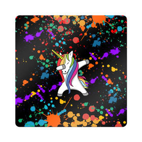 Магнит виниловый Квадрат с принтом ЕДИНОРОГ РАДУГА (ЧЕРНЫЙ) в Санкт-Петербурге, полимерный материал с магнитным слоем | размер 9*9 см, закругленные углы | Тематика изображения на принте: color | dab | pony | rainbow | unicornis dab | брызги | даб | единорог | единорог радуга | животные | краски | красочные | ляпистые | пони | радуга | цвета радуги