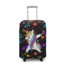 Чехол для чемодана 3D с принтом ЕДИНОРОГ РАДУГА (ЧЕРНЫЙ) в Санкт-Петербурге, 86% полиэфир, 14% спандекс | двустороннее нанесение принта, прорези для ручек и колес | Тематика изображения на принте: color | dab | pony | rainbow | unicornis dab | брызги | даб | единорог | единорог радуга | животные | краски | красочные | ляпистые | пони | радуга | цвета радуги