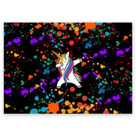 Поздравительная открытка с принтом ЕДИНОРОГ РАДУГА в Санкт-Петербурге, 100% бумага | плотность бумаги 280 г/м2, матовая, на обратной стороне линовка и место для марки
 | color | dab | pony | rainbow | unicornis dab | брызги | даб | единорог | единорог радуга | животные | краски | красочные | ляпистые | пони | радуга | цвета радуги