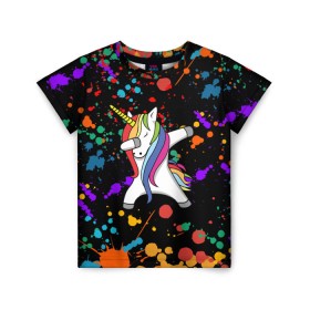 Детская футболка 3D с принтом ЕДИНОРОГ РАДУГА (ЧЕРНЫЙ) в Санкт-Петербурге, 100% гипоаллергенный полиэфир | прямой крой, круглый вырез горловины, длина до линии бедер, чуть спущенное плечо, ткань немного тянется | color | dab | pony | rainbow | unicornis dab | брызги | даб | единорог | единорог радуга | животные | краски | красочные | ляпистые | пони | радуга | цвета радуги