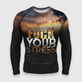 Мужской рашгард 3D с принтом Fuck Your Stress в Санкт-Петербурге,  |  | black | orange | palm trees | stress | sunset | yellow | your | желтый | закат | оранжевый | пальмы | стресс | твой | черный