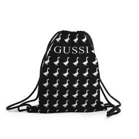 Рюкзак-мешок 3D с принтом Gussi Black в Санкт-Петербурге, 100% полиэстер | плотность ткани — 200 г/м2, размер — 35 х 45 см; лямки — толстые шнурки, застежка на шнуровке, без карманов и подкладки | gucci | gussi ga ga ga | gussi gang | бренд | гусь | птица