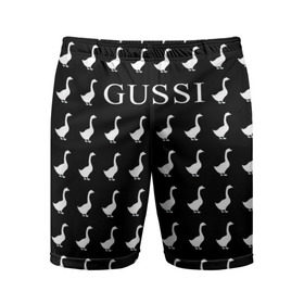 Мужские шорты 3D спортивные с принтом Gussi Black в Санкт-Петербурге,  |  | gucci | gussi ga ga ga | gussi gang | бренд | гусь | птица