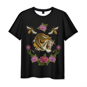 Мужская футболка 3D с принтом GG Tiger в Санкт-Петербурге, 100% полиэфир | прямой крой, круглый вырез горловины, длина до линии бедер | bee | brand | flower | flowers | gg | ggang | gucci | guccigang | tiger | вышивка | гг | гуччи | пчела | пчелы | тигр | цветок | цветы