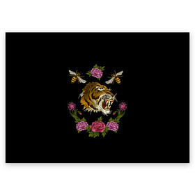 Поздравительная открытка с принтом GG Tiger в Санкт-Петербурге, 100% бумага | плотность бумаги 280 г/м2, матовая, на обратной стороне линовка и место для марки
 | bee | brand | flower | flowers | gg | ggang | gucci | guccigang | tiger | вышивка | гг | гуччи | пчела | пчелы | тигр | цветок | цветы