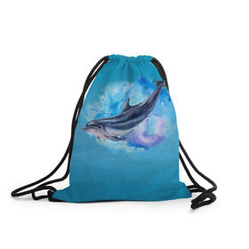 Рюкзак-мешок 3D с принтом Дельфин в Санкт-Петербурге, 100% полиэстер | плотность ткани — 200 г/м2, размер — 35 х 45 см; лямки — толстые шнурки, застежка на шнуровке, без карманов и подкладки | dolphin | акварель | дельфин | море | морские млекопитающие | океан | синий