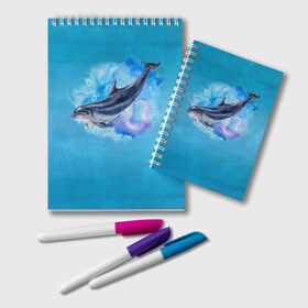 Блокнот с принтом Дельфин в Санкт-Петербурге, 100% бумага | 48 листов, плотность листов — 60 г/м2, плотность картонной обложки — 250 г/м2. Листы скреплены удобной пружинной спиралью. Цвет линий — светло-серый
 | Тематика изображения на принте: dolphin | акварель | дельфин | море | морские млекопитающие | океан | синий