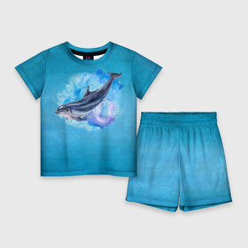 Детский костюм с шортами 3D с принтом Дельфин в Санкт-Петербурге,  |  | dolphin | акварель | дельфин | море | морские млекопитающие | океан | синий