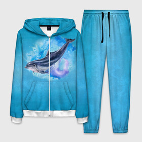Мужской костюм 3D с принтом Дельфин в Санкт-Петербурге, 100% полиэстер | Манжеты и пояс оформлены тканевой резинкой, двухслойный капюшон со шнурком для регулировки, карманы спереди | dolphin | акварель | дельфин | море | морские млекопитающие | океан | синий
