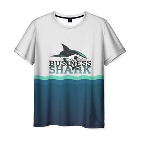 Мужская футболка 3D с принтом Бизнес-акула в Санкт-Петербурге, 100% полиэфир | прямой крой, круглый вырез горловины, длина до линии бедер | business | fish | letterin | sea | shark | water | акула | белый | бизнес | вектор | вода | зубы | логотип | море | надпись | оранжевый | охотник | рыба | синий | текст | тень | хищник | черный