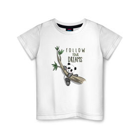 Детская футболка хлопок с принтом Следуй за мечтой в Санкт-Петербурге, 100% хлопок | круглый вырез горловины, полуприлегающий силуэт, длина до линии бедер | ветка | женская | женские | летние | летняя | медведи | медведь | мечта | мечты | панда | панды