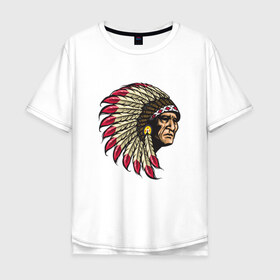 Мужская футболка хлопок Oversize с принтом Индеец в Санкт-Петербурге, 100% хлопок | свободный крой, круглый ворот, “спинка” длиннее передней части | америка | американец | индеец | индейцы | коренной американец | перья | с индейцом | сша | хипстер