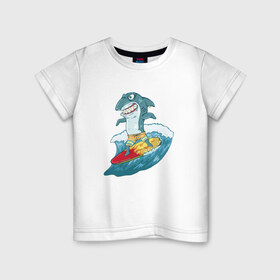 Детская футболка хлопок с принтом Акула Серфер в Санкт-Петербурге, 100% хлопок | круглый вырез горловины, полуприлегающий силуэт, длина до линии бедер | лето | серфинг | спорт